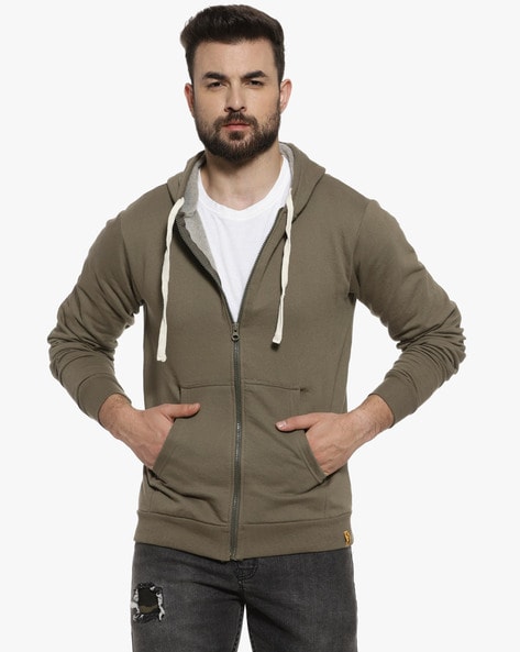 Buy Campus Sutra Men's Olive Green Solid Sweatshirt With Hoodie