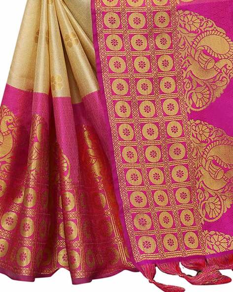 Buy Cream & Pink- Semi Kanchipuram Saree with checkered Rudraksha & Peacock  body patterns & with Gold zari borders online | Semi Kanchipuram from  ShrusEternity