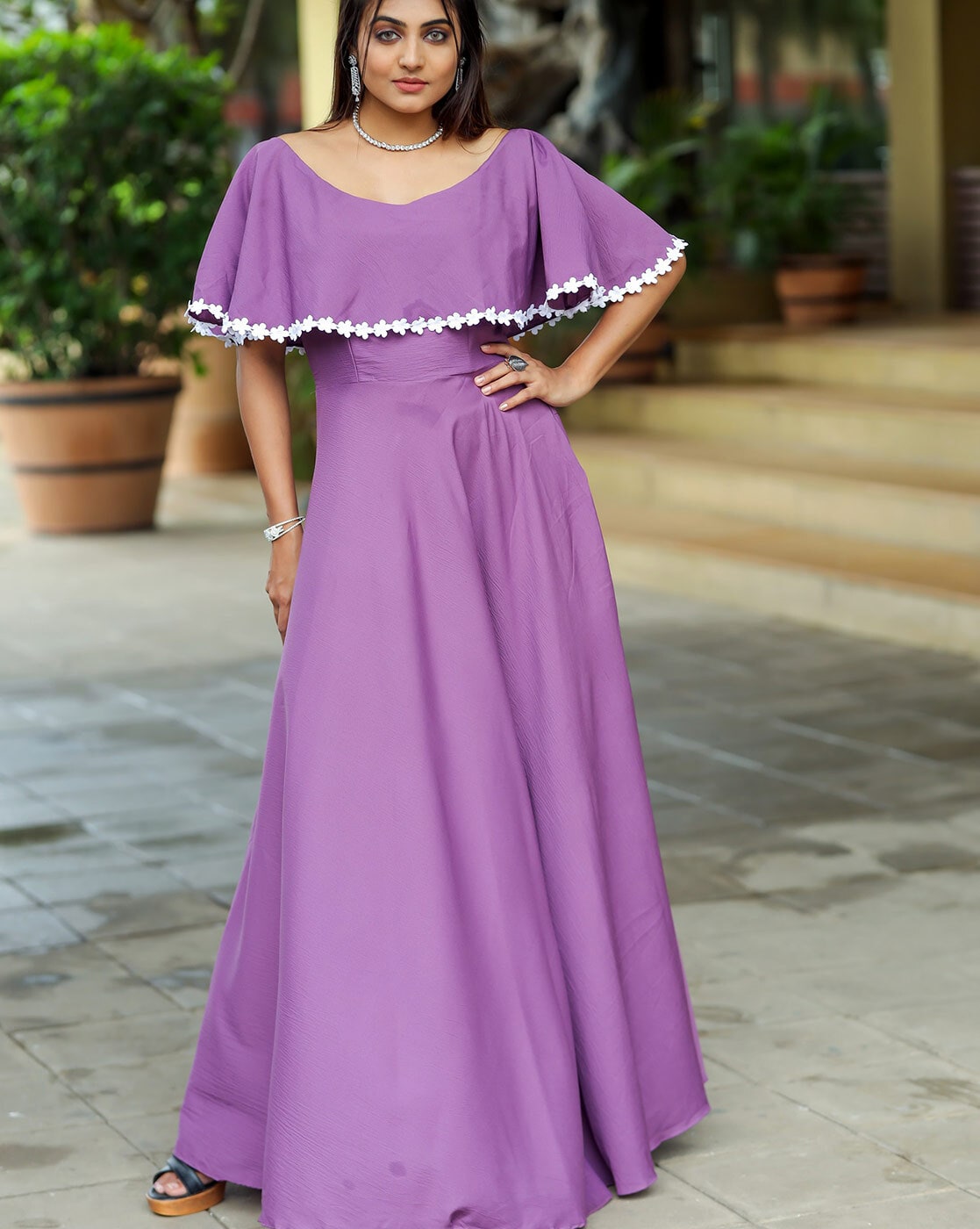 Purple Georgette Sequins Work Cocktail Gown-FV4961