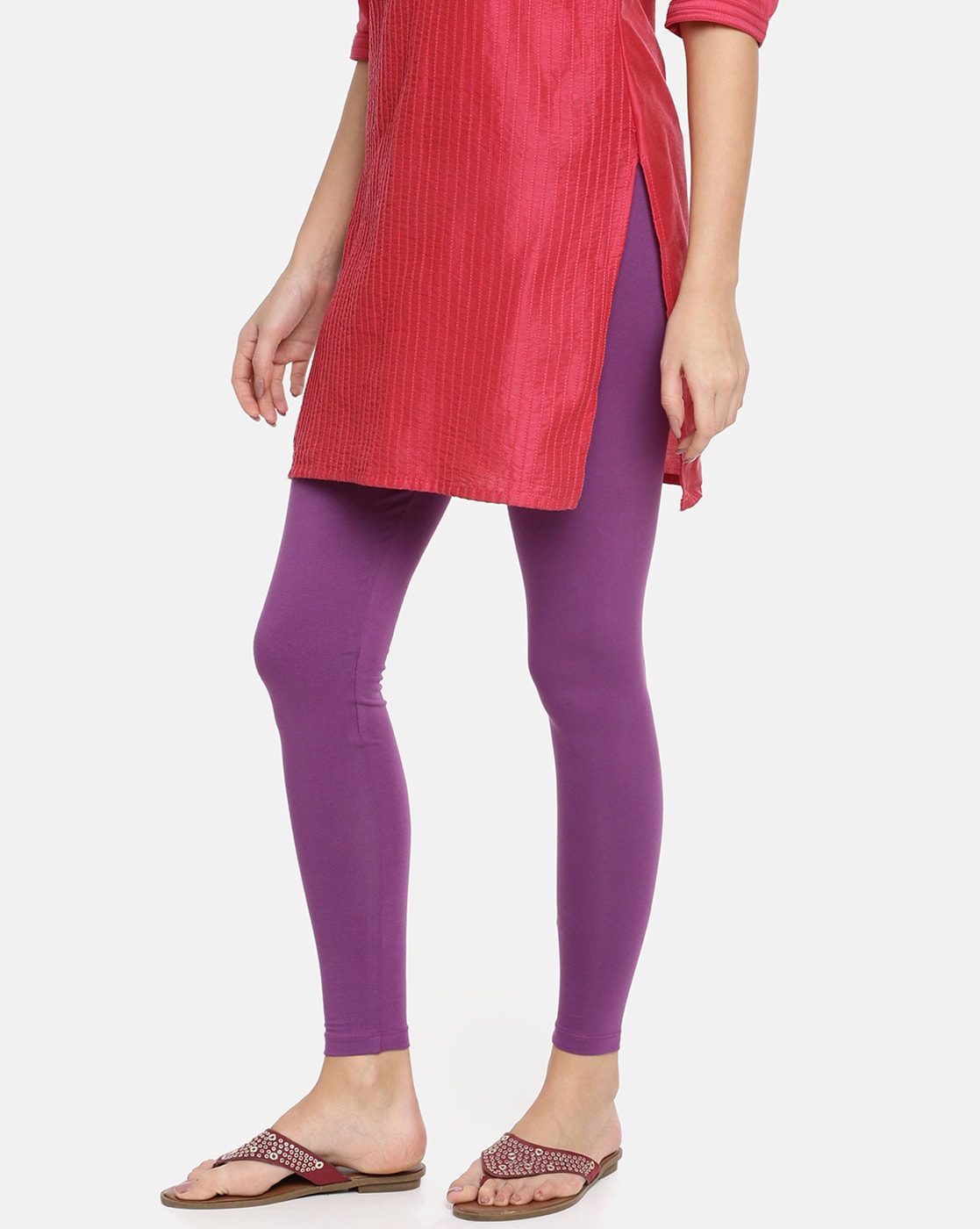 Buy Go Colors Women Solid Lilac Ribbed Leggings online