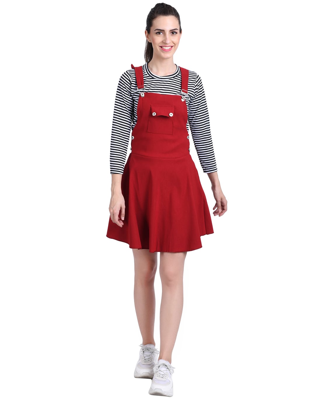 Red denim hot sale pinafore dress