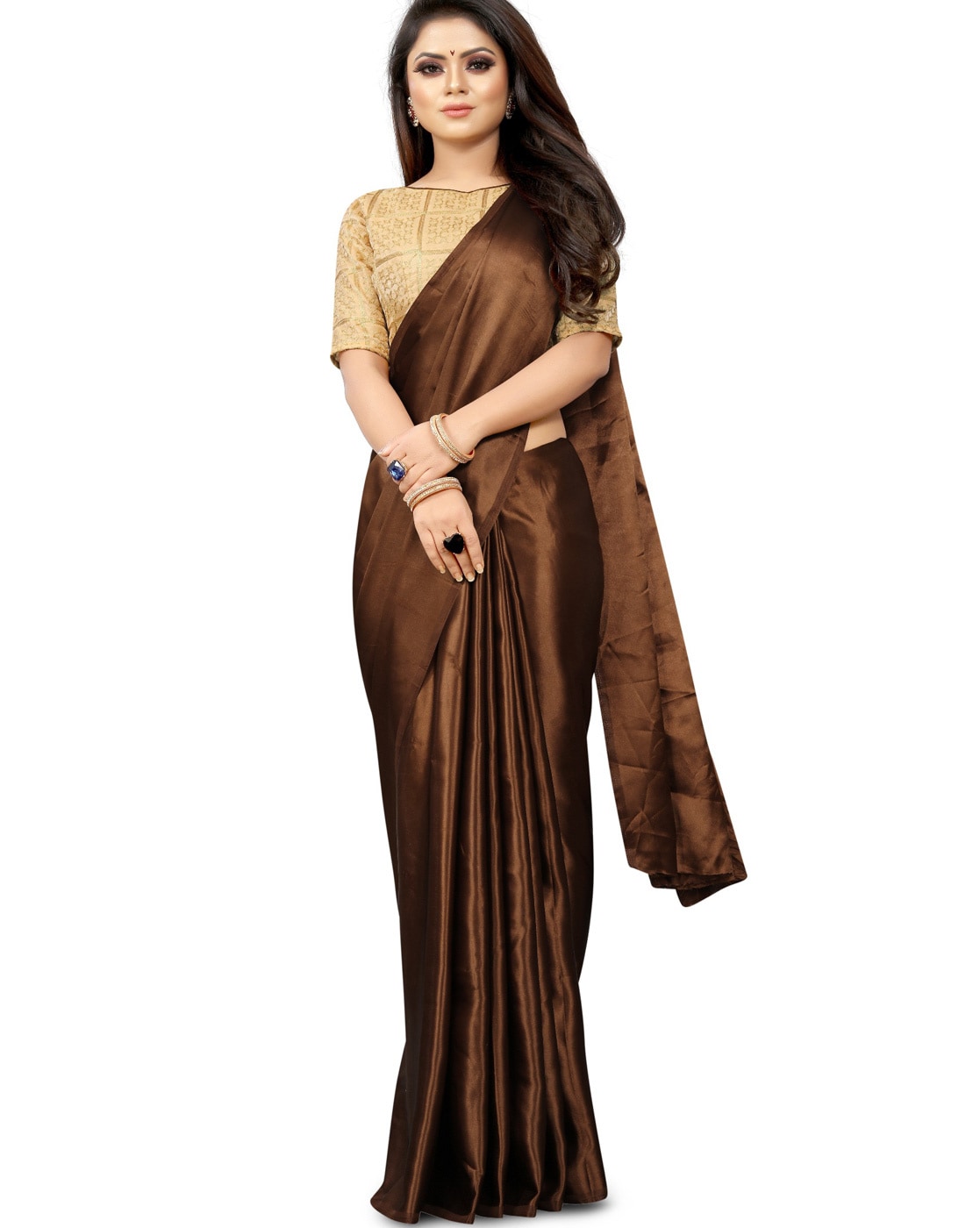 Brown Satin Silk Plain Saree With Gold Sequence Embroidery Unstitched Blouse  for Women Wear Partywear Sari Wedding Wear Sari in USA, UK, CA - Etsy