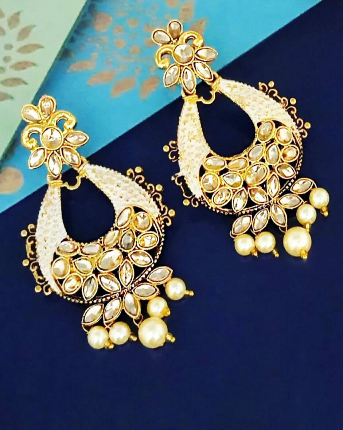 Rubans Gold Plated Handcrafted Kundan Studded White Beaded Chandbali  Earrings