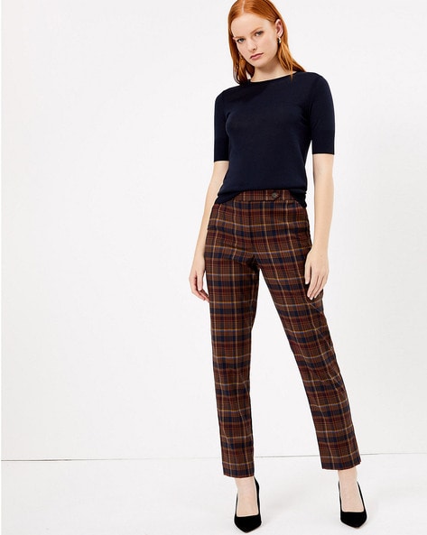 Brown prince of wales tweed high waisted pleated Slacks | Sumissura