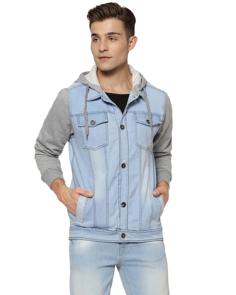 Denim hoodie jacket hot sale mens india