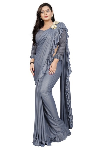 Cotton Light Grey Ruffle Saree With Stripes|Kabir Farah|Suta