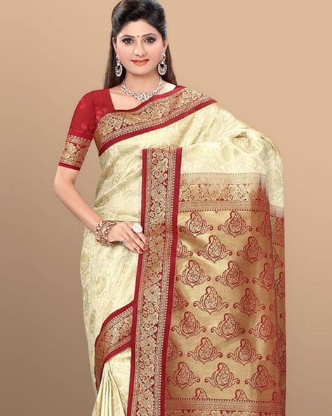 Fancy Dinner Cream With Maroon Color Bollywood Designer Sarees - Zakarto