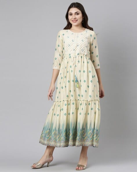 Geometric Print Gown Dress with Waist Tie-Up