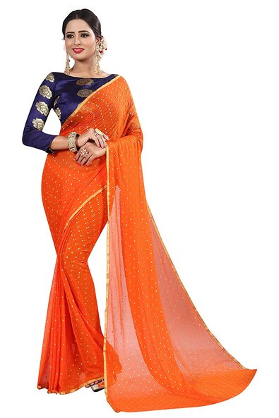 Orange Chiffon Printed Fancy Lace Border Saree for Women – Stilento