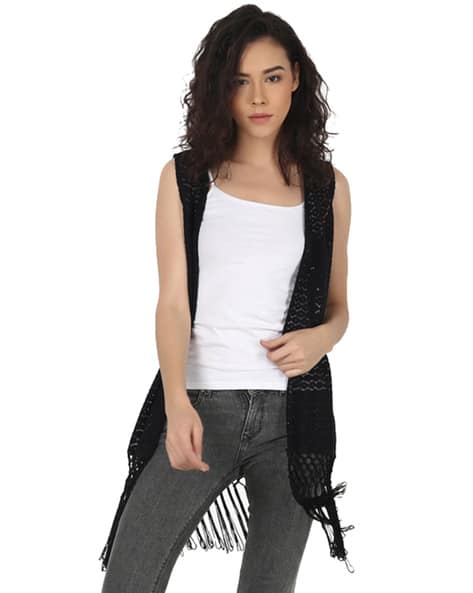 Sleeveless Long Shrug with Fringe Hem