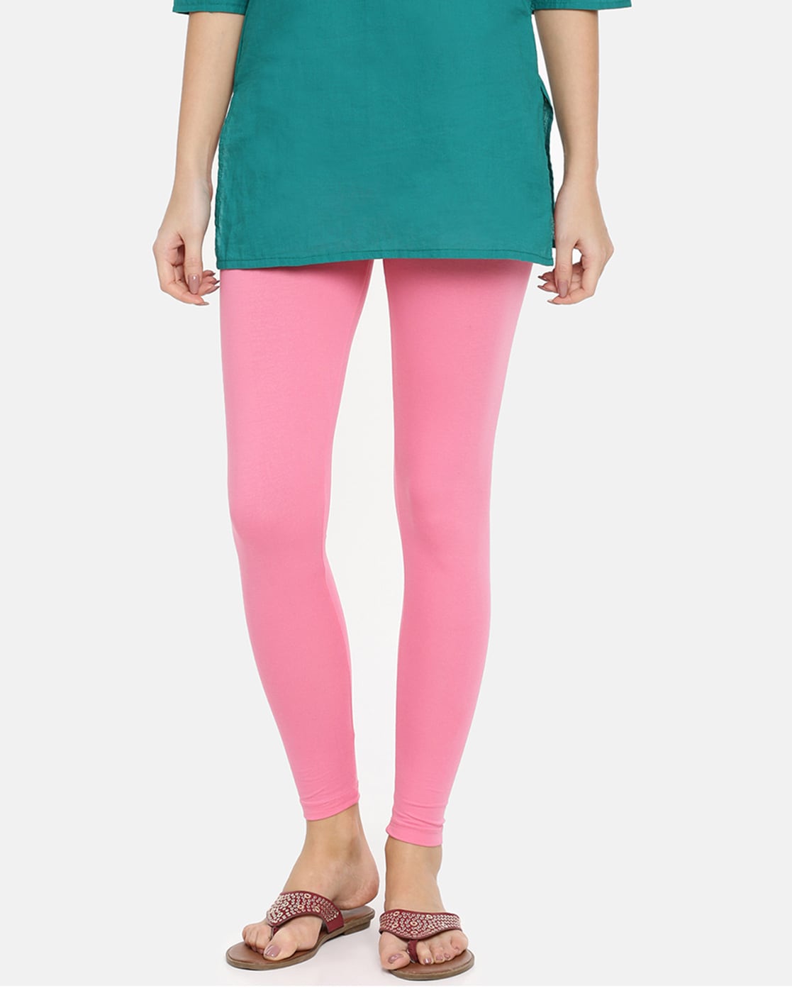 TWIN BIRDS Pink & Green Plain Cropped Leggings - Pack Of 2