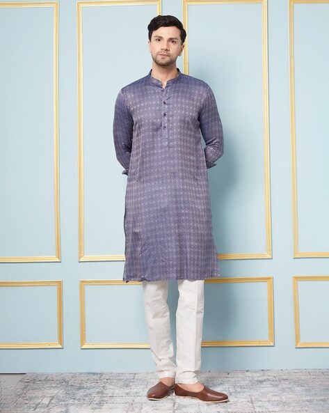 Men's Long Kurta Tunic: Navy Blue