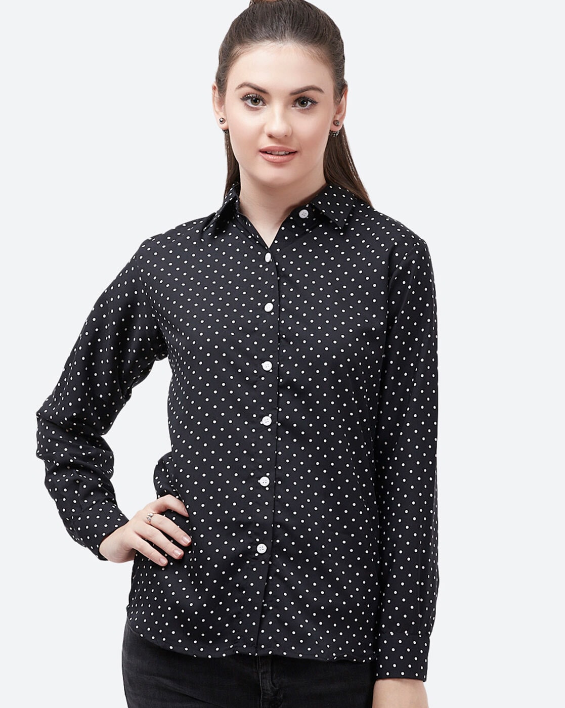  Women's Long Sleeve Polka Dots Vintage Blouse Tunics Stand  Collar Polka Dot Casual Office Work Blouse Tops Polka Dotted Button Down  Blouses Shirts (Black,Small): Clothing, Shoes & Jewelry