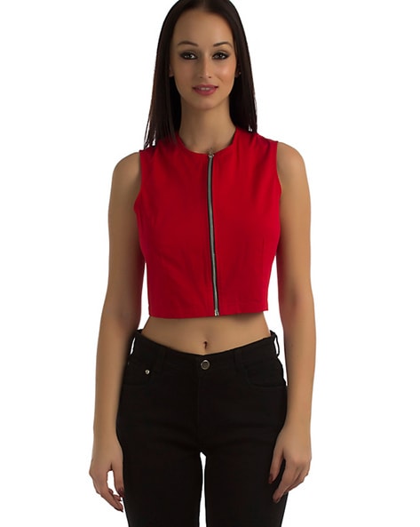 Red sleeveless cropped top with zipper closure at front.. DIY the look  yourself