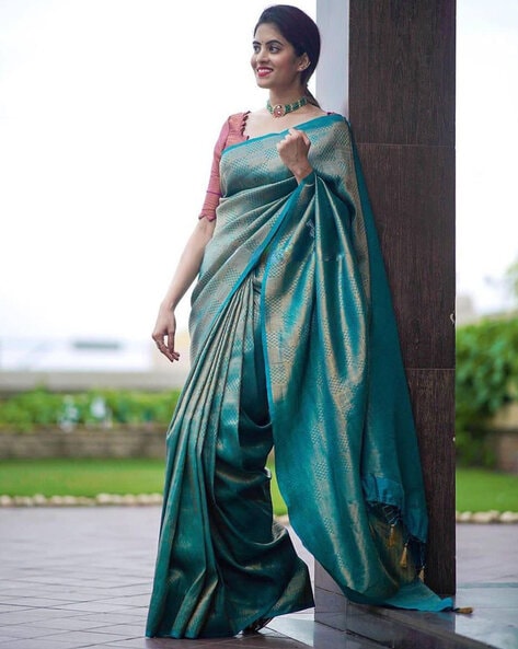 Teal Green Silk Embroidered Saree|SARV152225