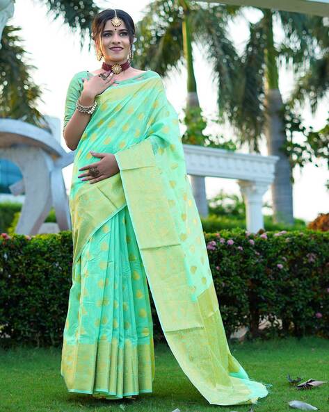 Fancy Silk Grill Pattern Cream And Sea Green Saree