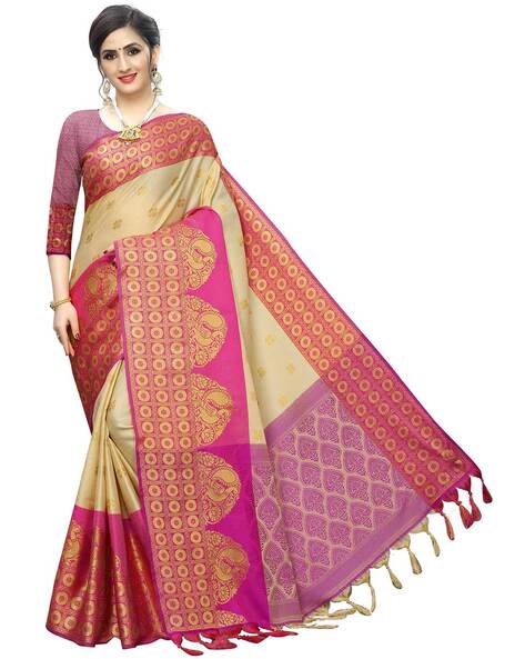 Cream and Pink Silk Mehndi Saree