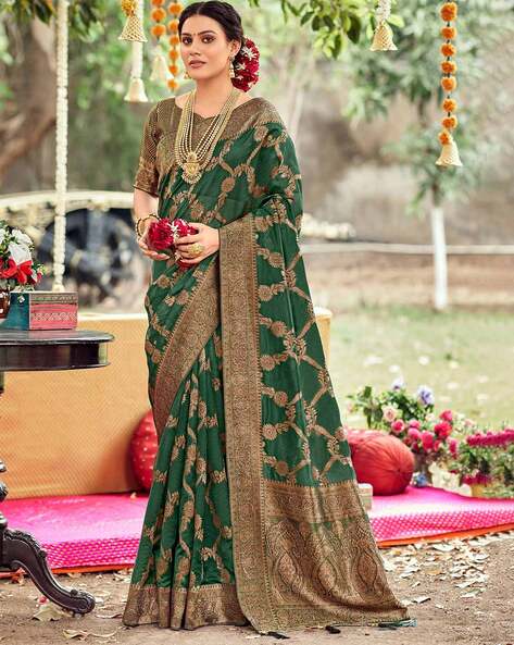 Hot Pink And Green Banarasi Saree Online | Bagtesh Fashion