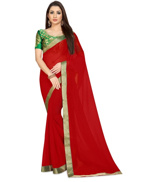 Green Plain with Gold Big Border Saree – casualsaree