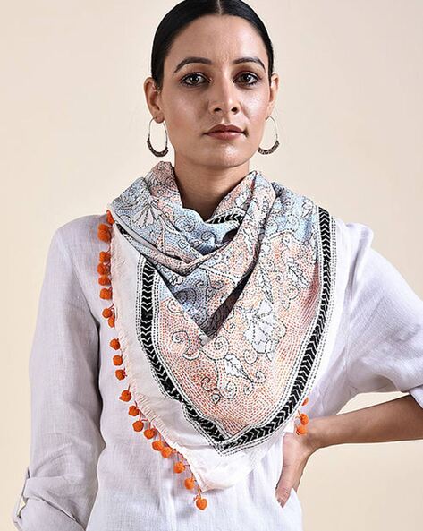 Mul Cotton Kantha work Stole with Tassels Price in India