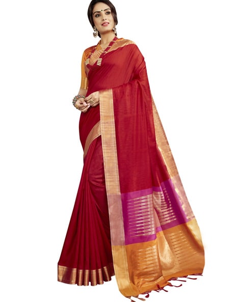 Dark Pastel Red Saree in Tissue Woven Silk - Clothsvilla