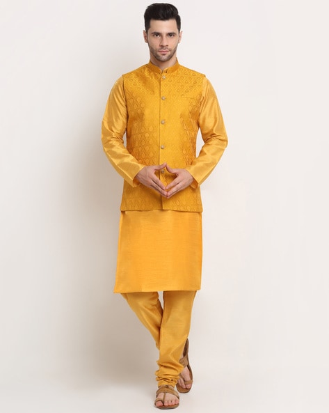 Yellow Embellished Nehru Jacket With Kurta Set For Boys Design by Littleens  at Pernia's Pop Up Shop 2024