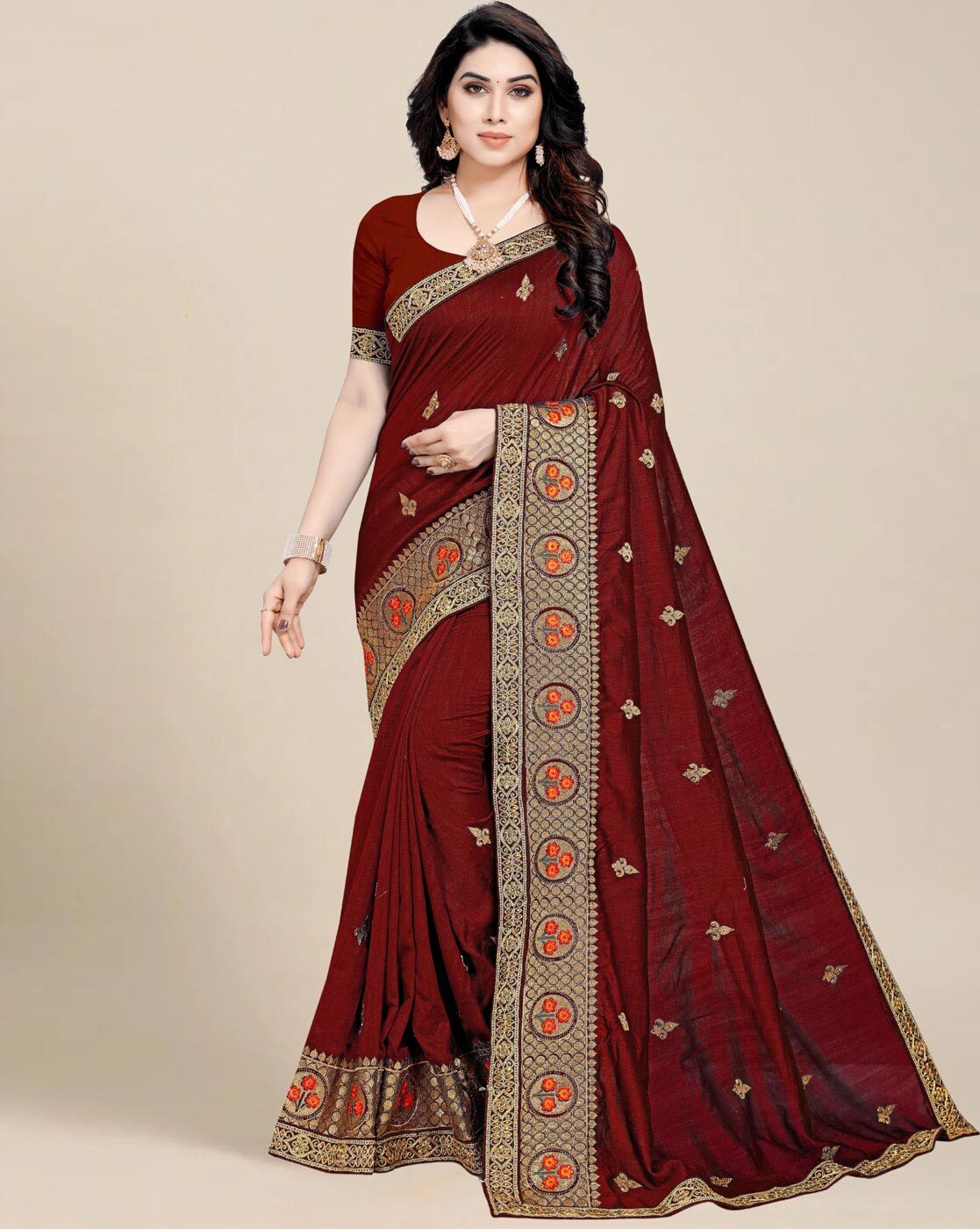 Maroon Velvet Taj Mahal Saree – kreationbykj