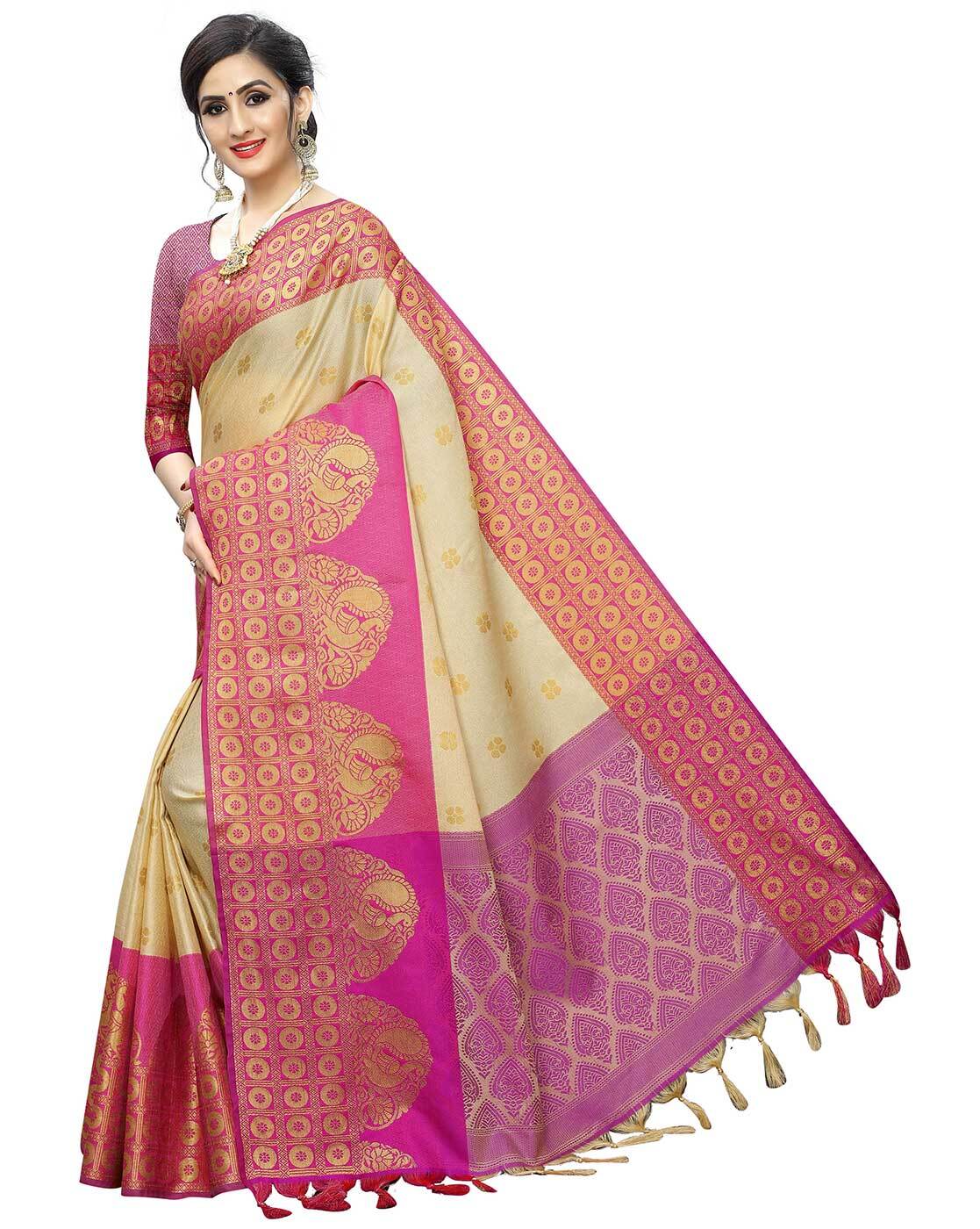 Buy Cream & Pink Sarees for Women by SATRANI Online | Ajio.com