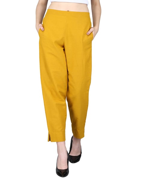 Buy Mustard-yellow Solid Straight-Fit Cotton Pant Online in India