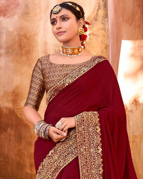 Saree Mall Maroon Woven Saree With Unstitched Blouse