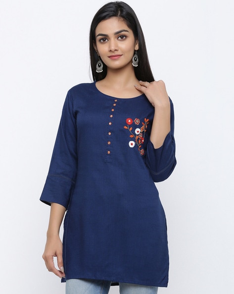 Vedana Women's Blue Solid A-line Cotton Kurti – VEDANA