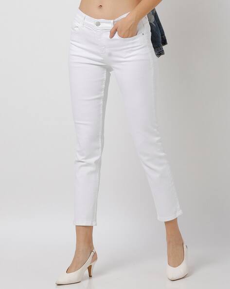 Ajio Marks And Spencer White Jeggings Cropped Straight Jeans