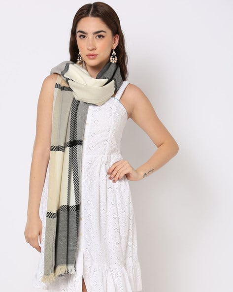 SQUARE WOOL GAUZE STOLE/GRAGE-CHECK