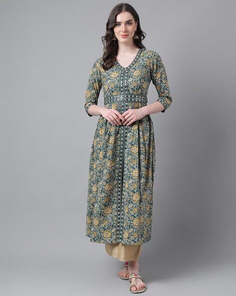 Floral Print Front-Slit Flared Kurta