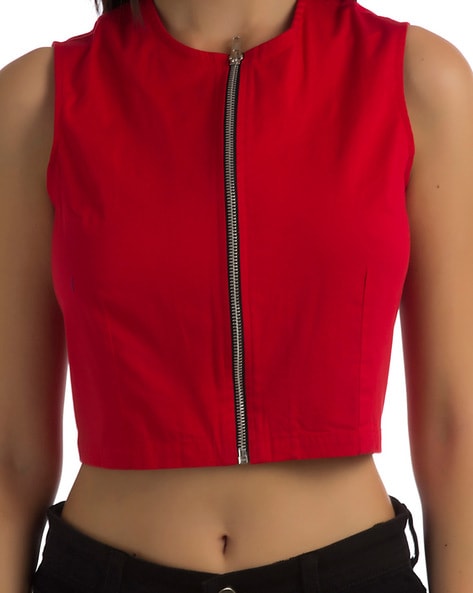 Red sleeveless cropped top with zipper closure at front.. DIY the look  yourself