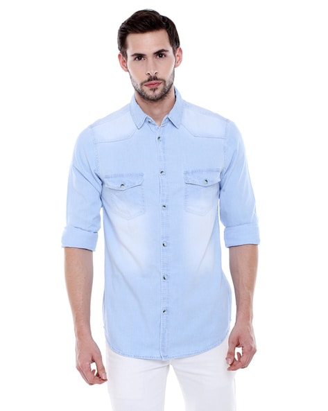 18+ Men's Denim Cutaway Collar Slim Fit Full Sleeve Casual Shirt Light Blue  Large : Amazon.in: Clothing & Accessories