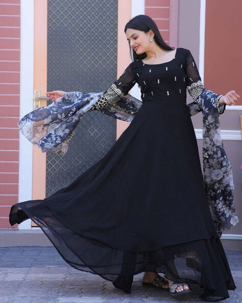 Georgette Embroidered Long Anarkali Gown, Black at Rs 1500 in Surat