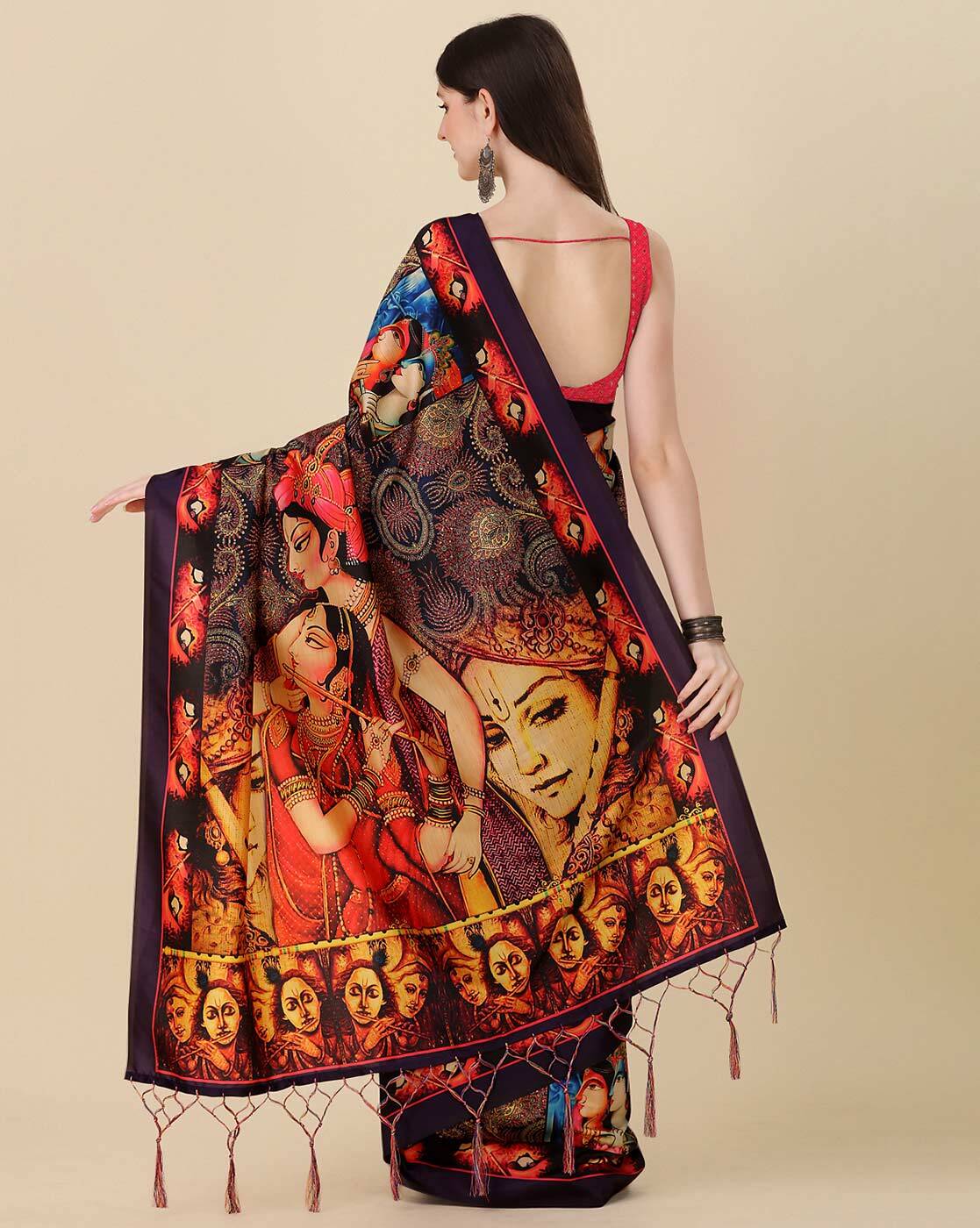 Red chennur silk kalamkari with intricate Radha Krishna motif on pallu –  Nivi- Weaving Traditions