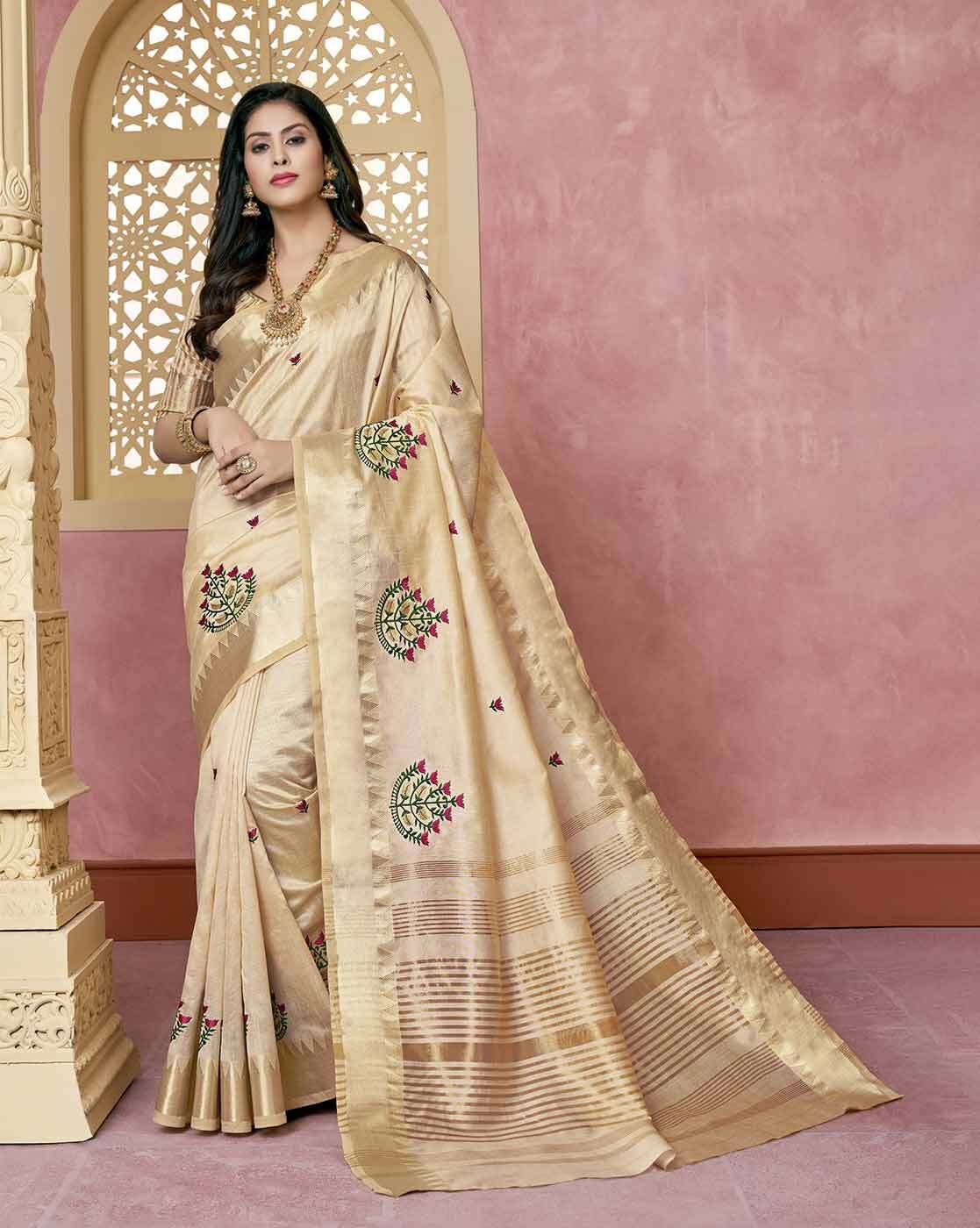 Buy Cream Sarees for Women by Indie Picks Online