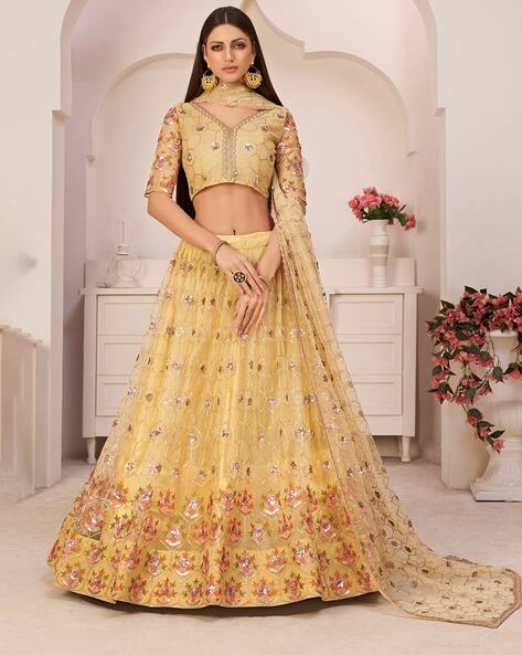 Buy Yellow Designer Net Lehenga Online in USA| Silver Floral Embroidery –  Pure Elegance