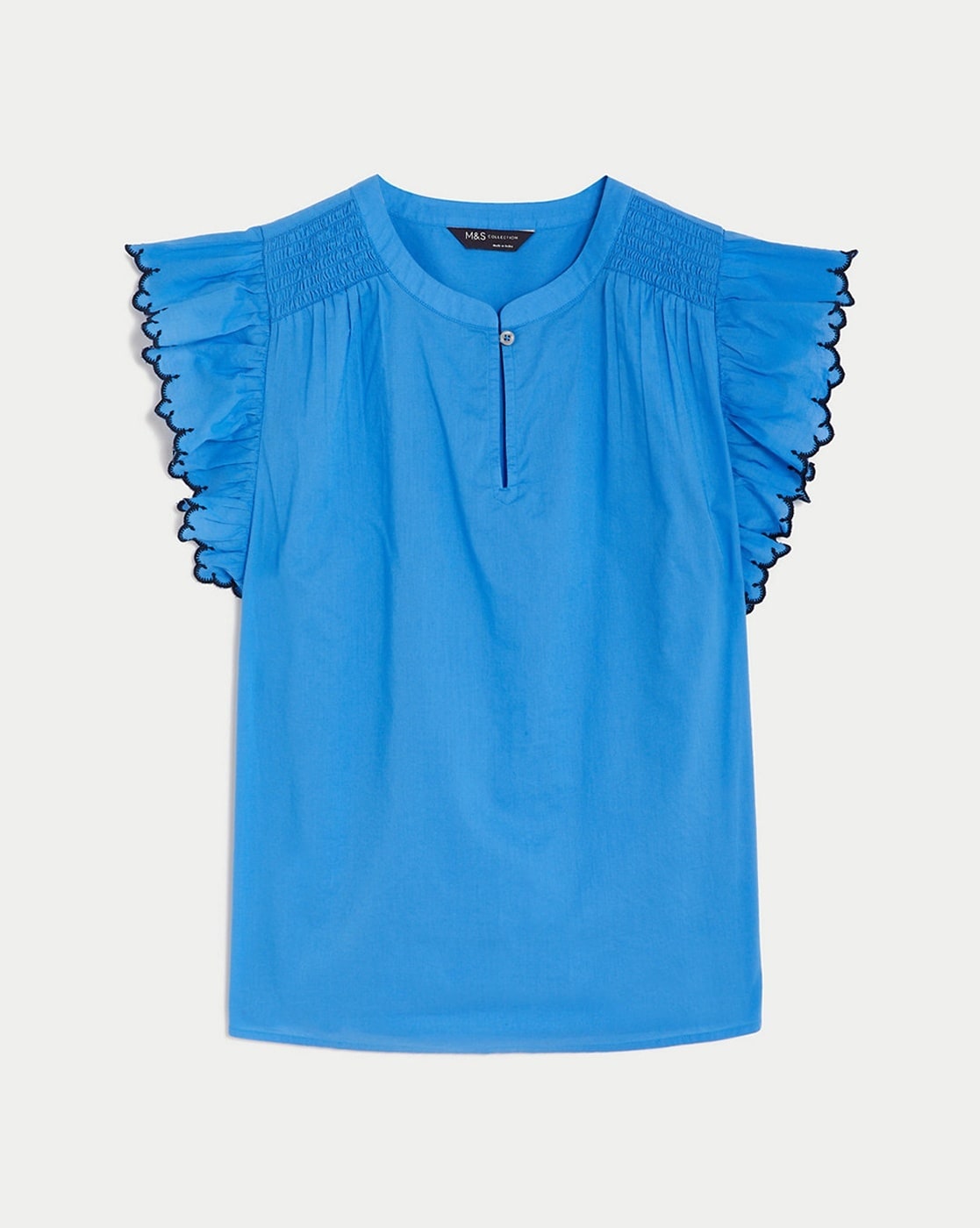 Cobalt blue net blouse with ruffles on sleeves