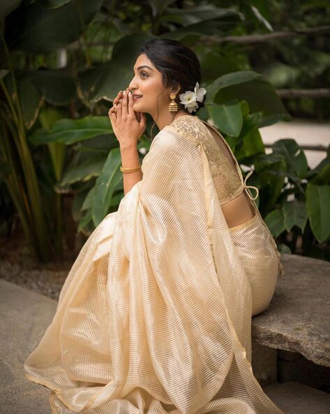 Cassandra Cream Satin Gold Trim One Minute Saree | Indian saree blouses  designs, Bottle green blouse, Off white saree