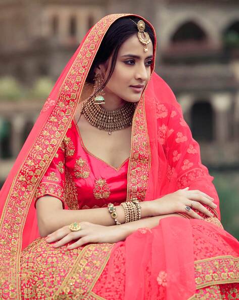 Buy Pink Dupatta Silk Square Neck Embroidered Bridal Lehenga Set For Women  by Mishru Online at Aza Fashions.
