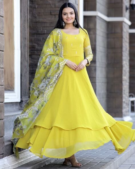 Gown : Yellow banglory satin embroidered long gown with ...