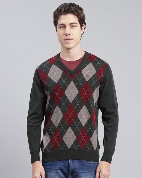 Geometric-Knit V-Neck Pullover