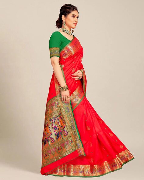 HOUSE OF BEGUM Shiffon Khaddi Red Saree With Silver Zari with Blouse P –  F2FMART.com