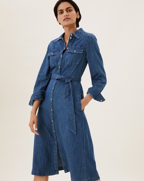 Buy BLUE BUTTON-DOWN BELTED SHIRT DRESS for Women Online in India