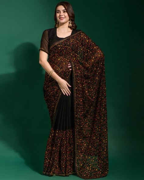 Plus Size Dresses Stone Work Embroidered Net Salmon Peach Saree|SARV114364