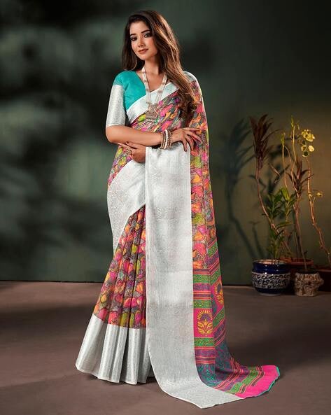 ri wah multicoloured printed floral print saree with woven contrast border