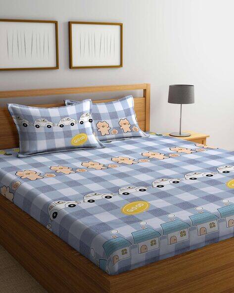 KLOTTHE 300 TC Checked Double Bedsheet with Pillow Covers